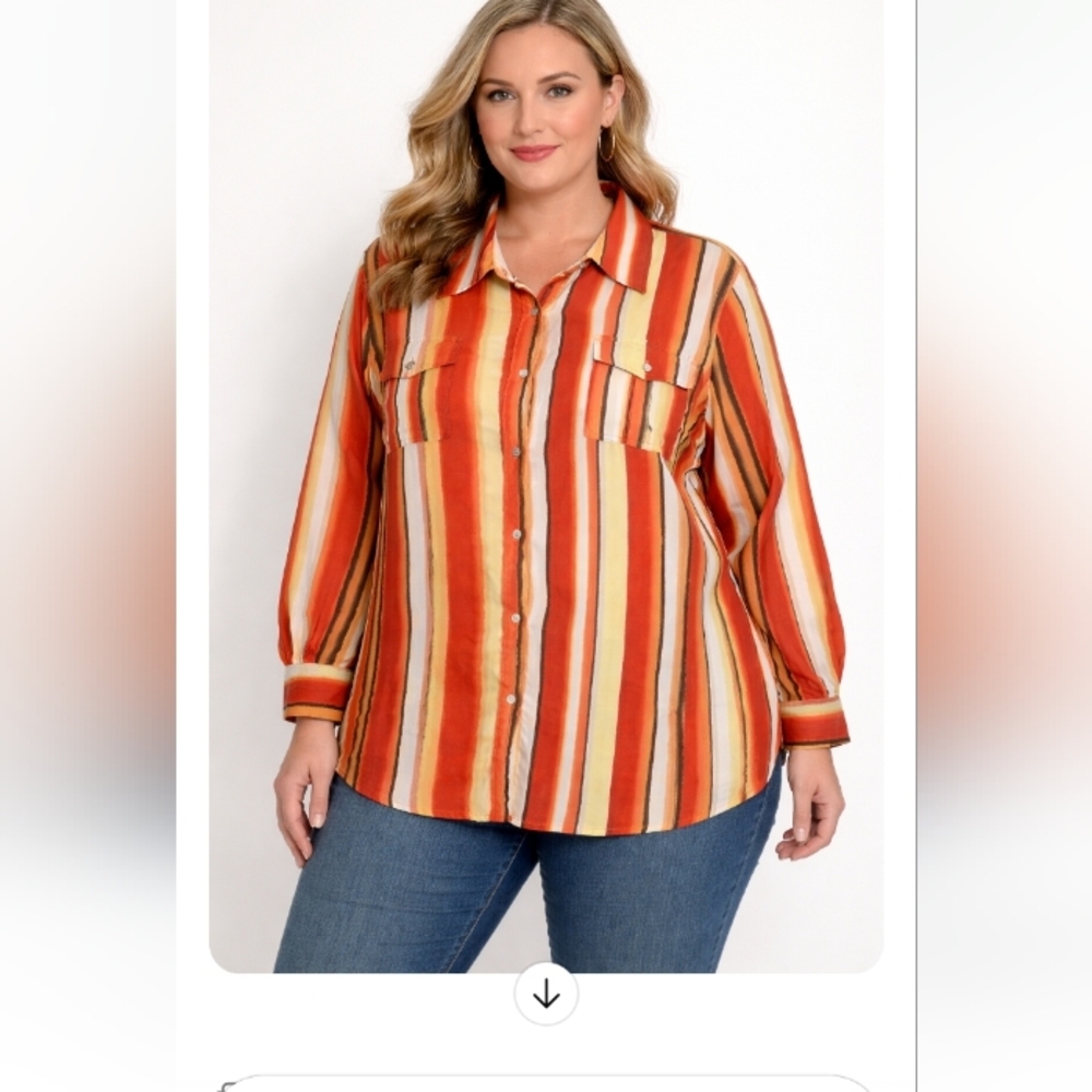 Jones New York Sport 3X Orange Yellow Black Striped Button Down Blouse Plus Size